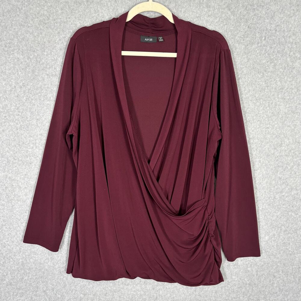 Apt 9 Blouse 1X Wrap Drape Tunic Plunge Slinky Burgundy‎ Career Church Academia